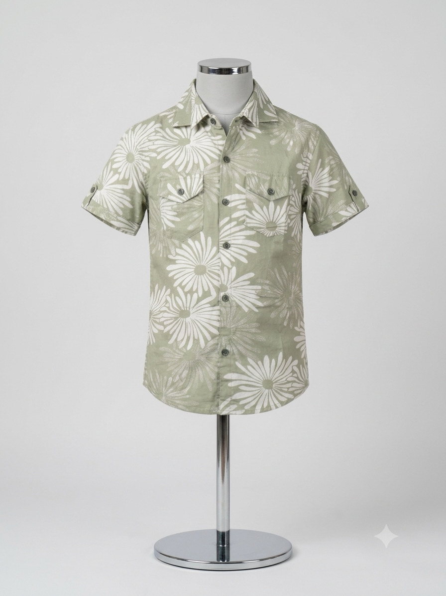 Sage Green Floral Printed Casual Cotton Shirt for Boys — lifestyle