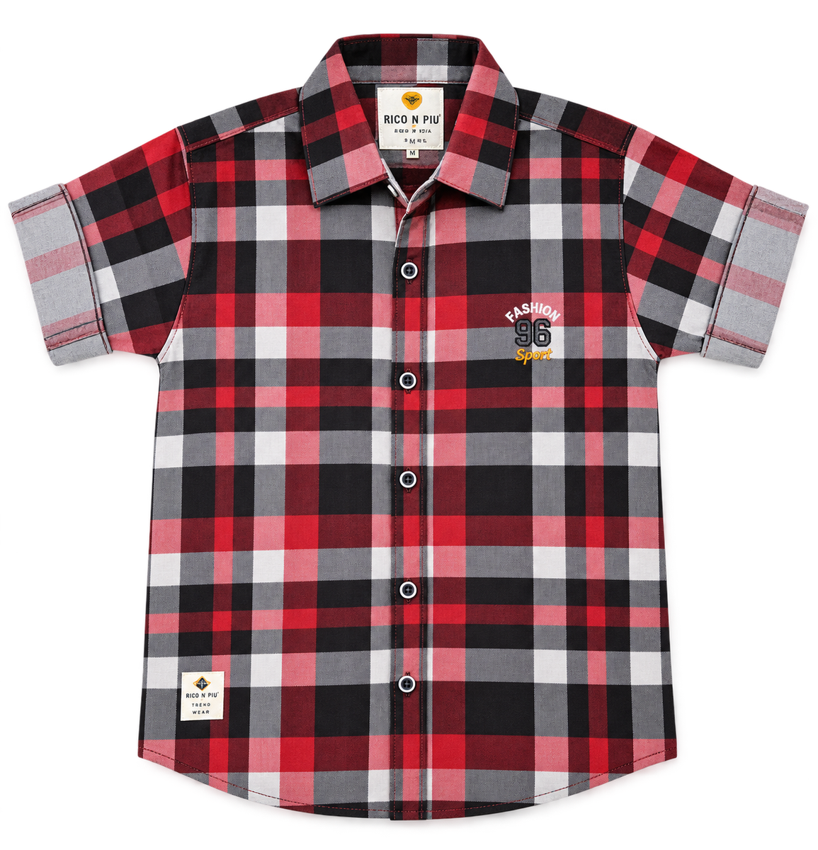 Boys Red & Black Checkered Casual Shirt with Roll-Up Sleeves