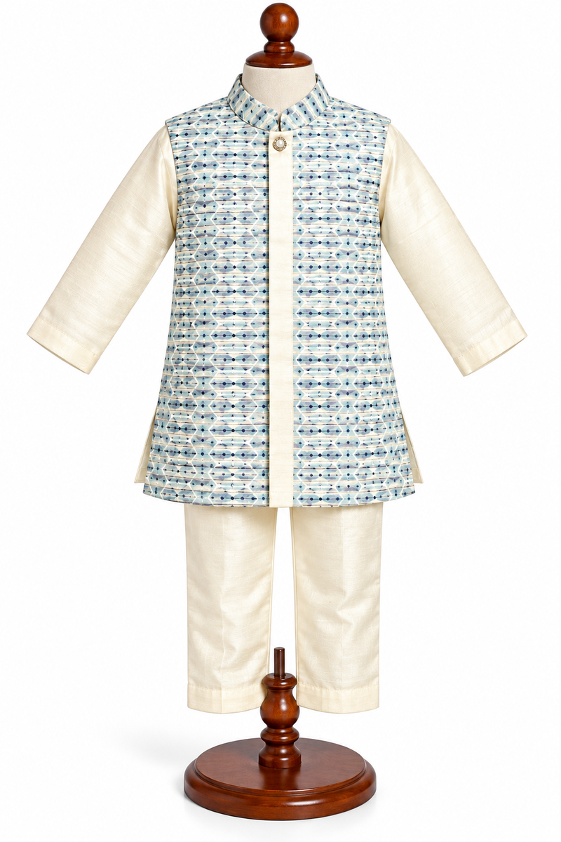 Boys Off-White and Blue Indo-Western Sherwani Set with Nehru Jacket