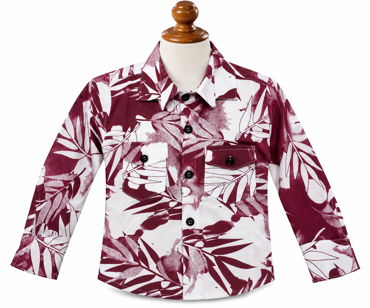 Boys Maroon Leaf Printed Full Sleeve Casual Shirt — lifestyle