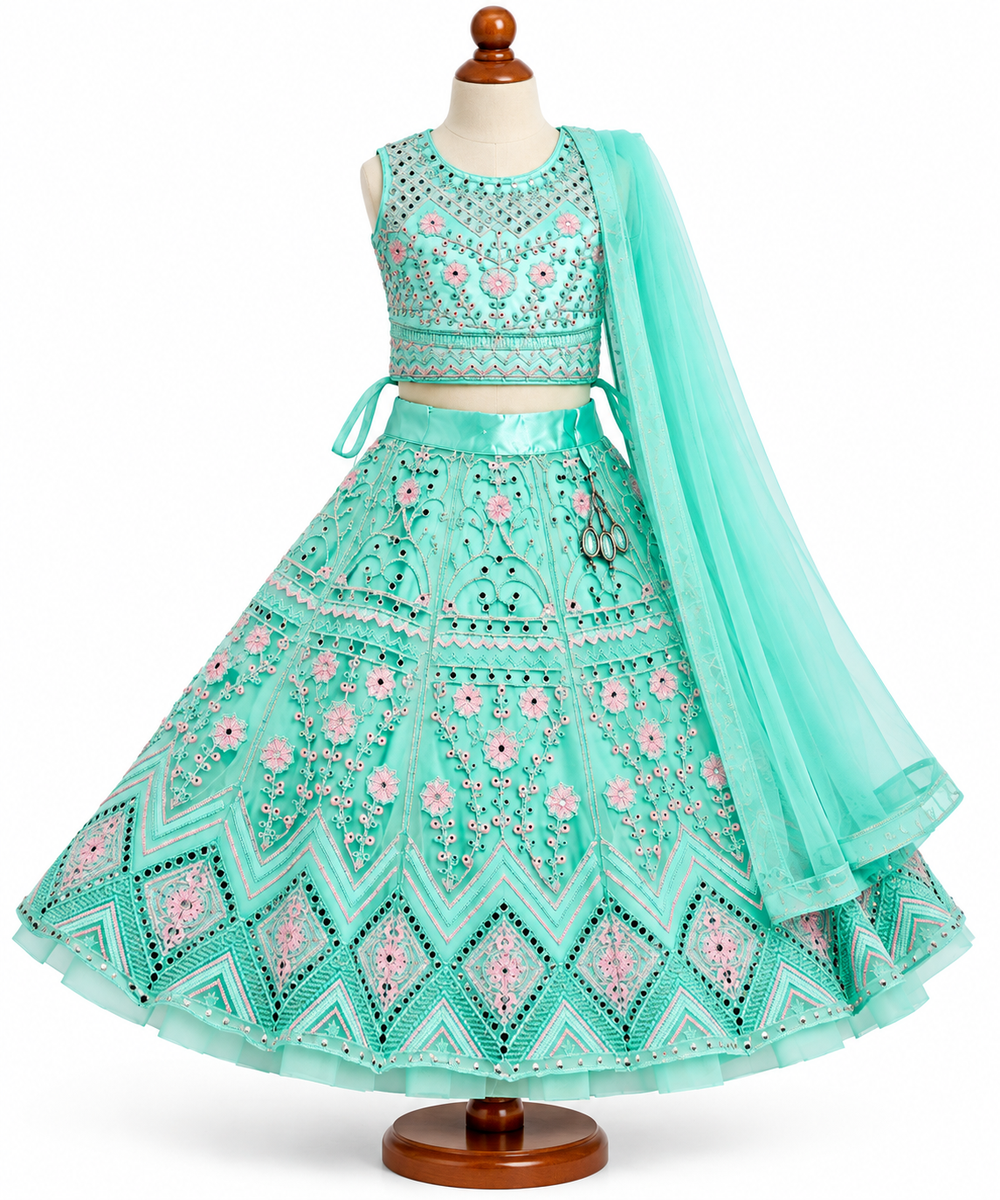 Mint Green Embroidered Mirror Work Lehenga Choli Set with Dupatta