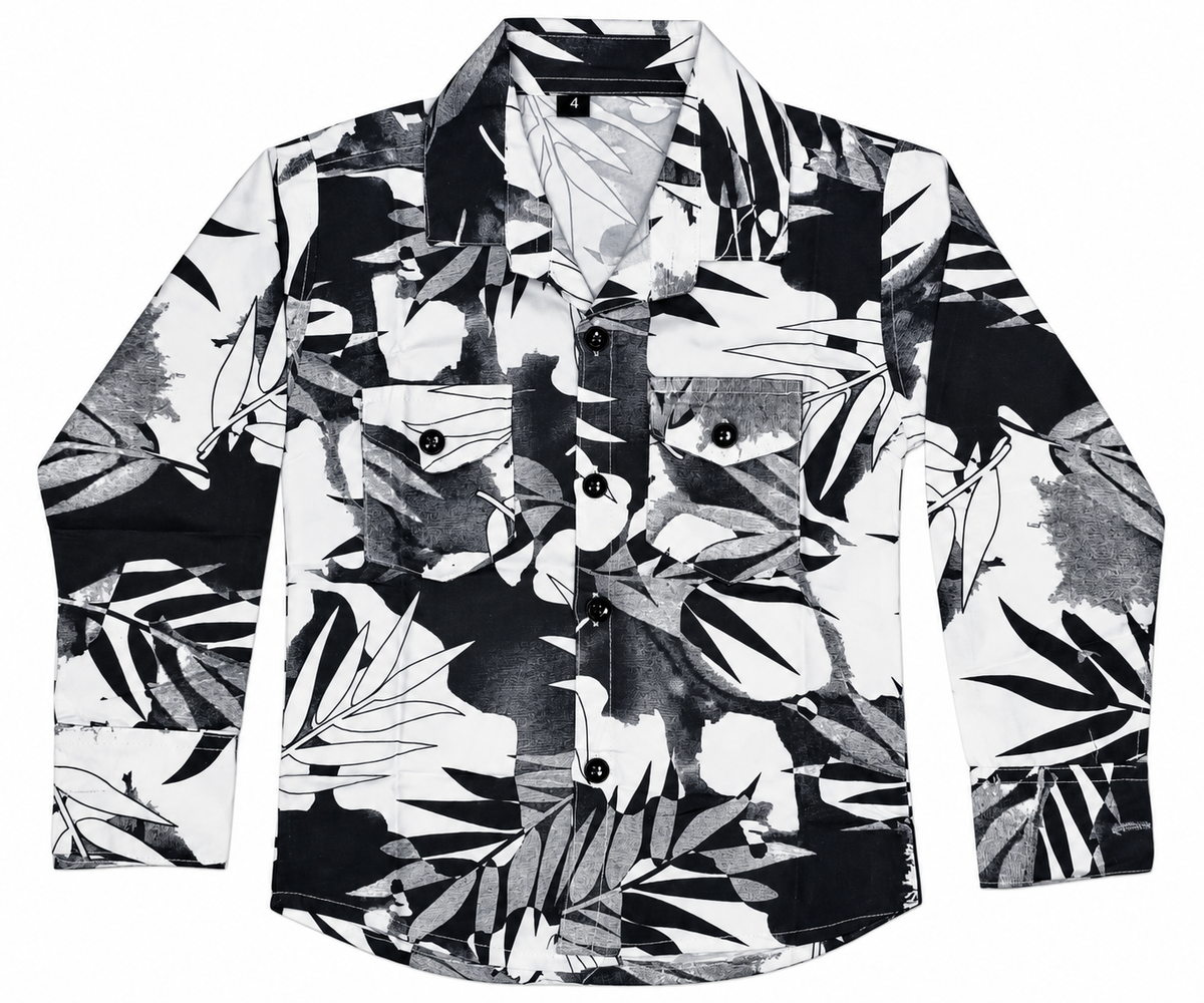 Boys Black & White Leaf Printed Casual Cotton Shirt — lifestyle
