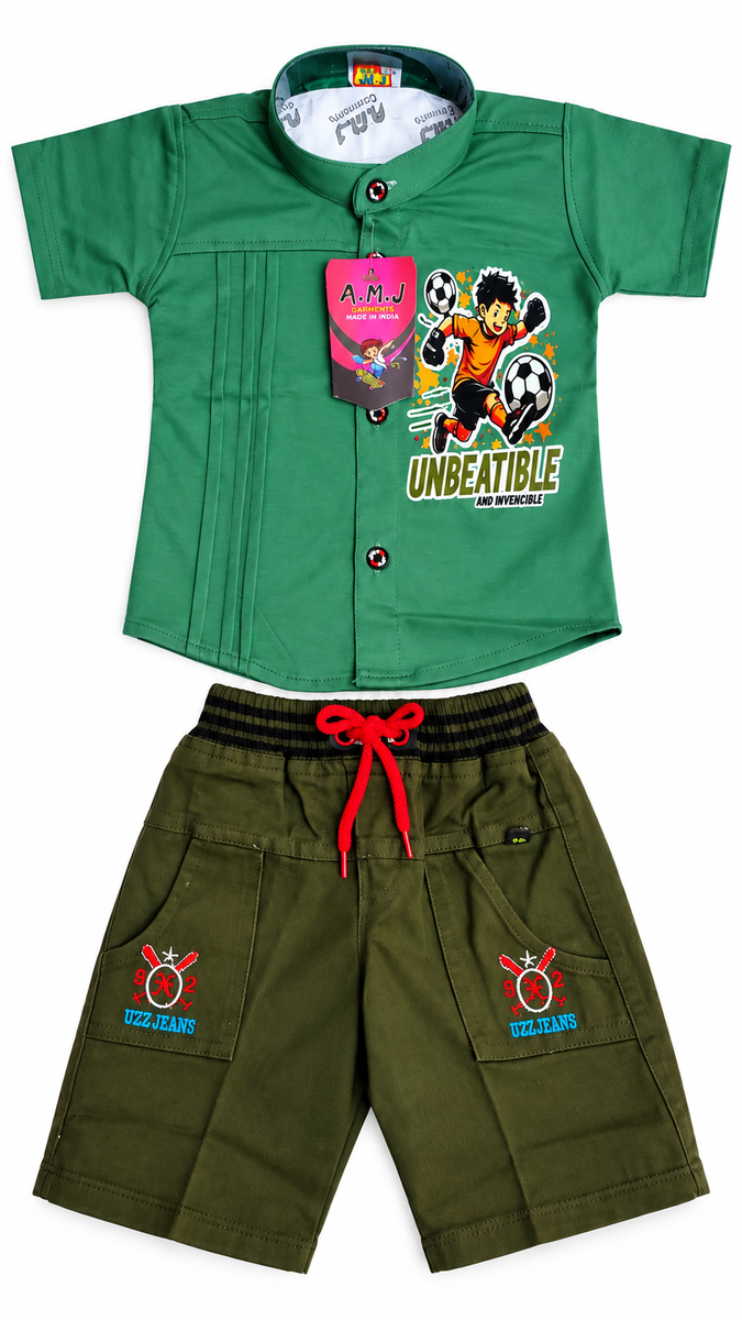 Boys Green Mandarin Collar Shirt & Shorts Co-ord Set