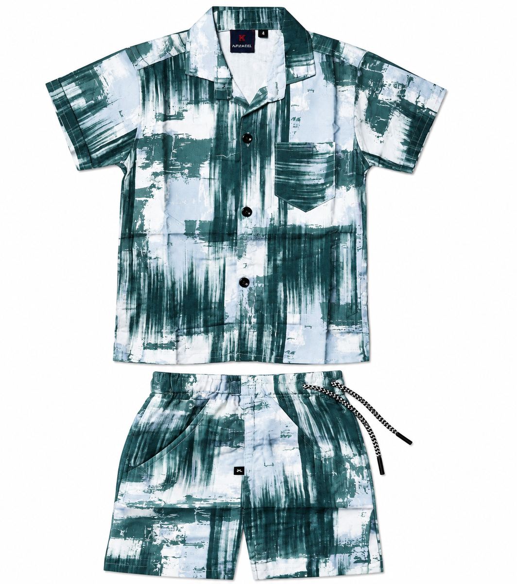 Boys Green Abstract Printed Shirt and Shorts Co-ord Set — lifestyle