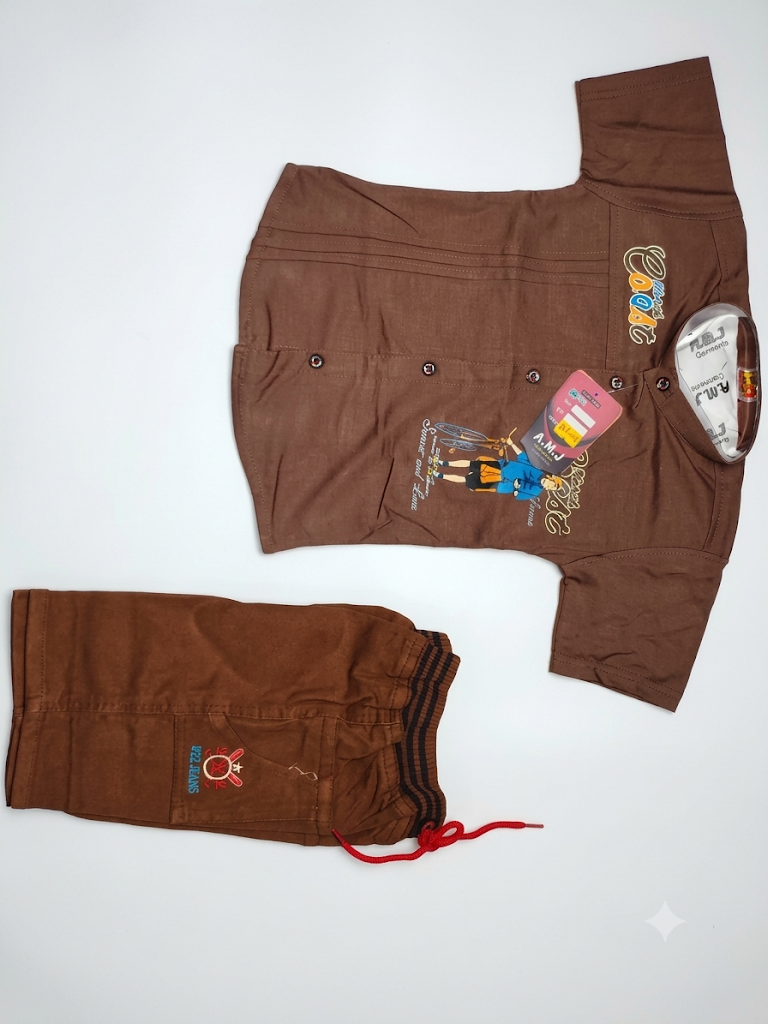 Boys Brown Graphic Shirt and Cargo Shorts Co-ord Set