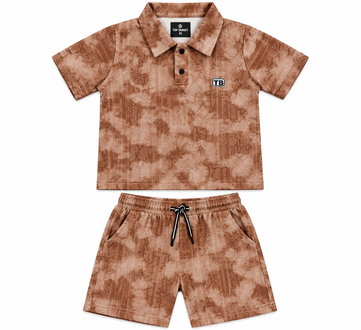 Boys Brown Abstract Printed Polo T-Shirt and Shorts Co-ord Set