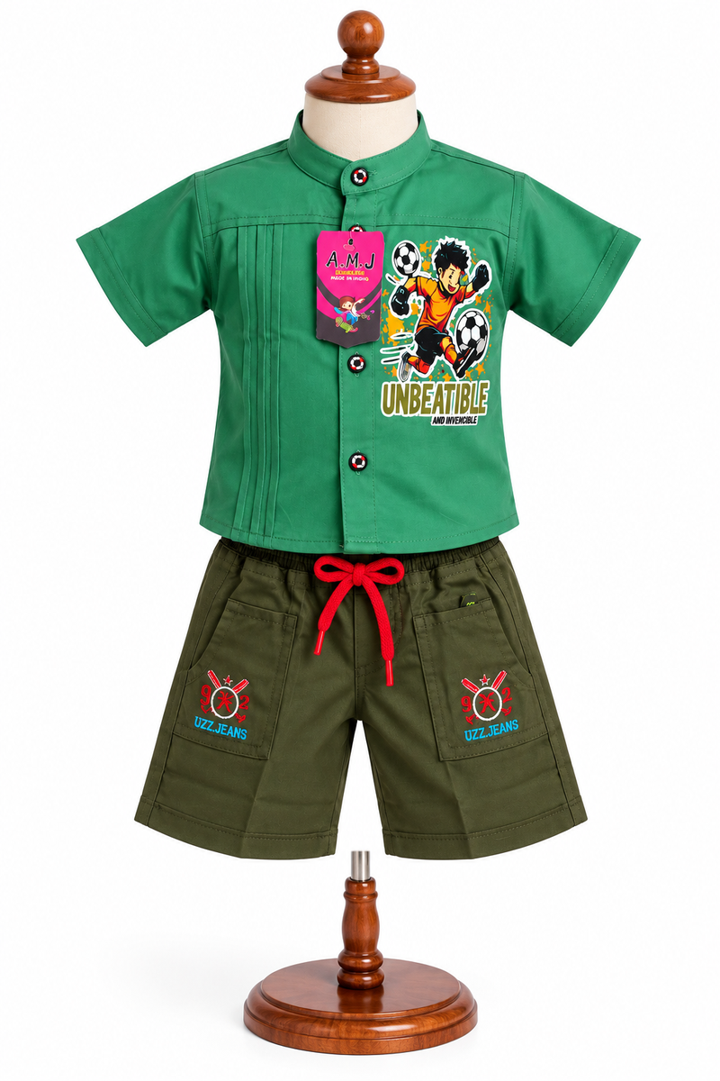 Boys Green Mandarin Collar Shirt & Shorts Co-ord Set