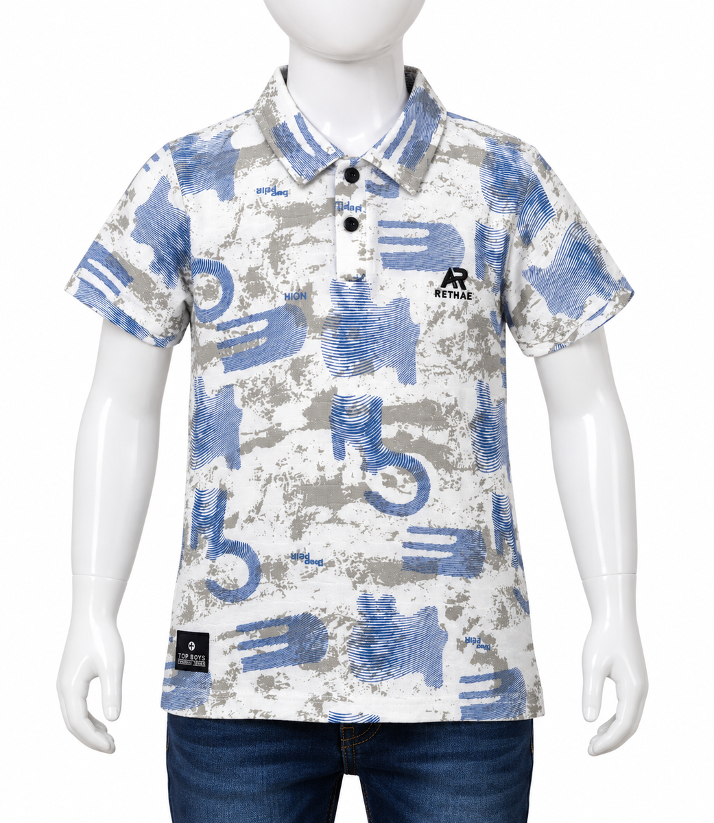 Boys Blue and White Abstract Print Polo T-Shirt
