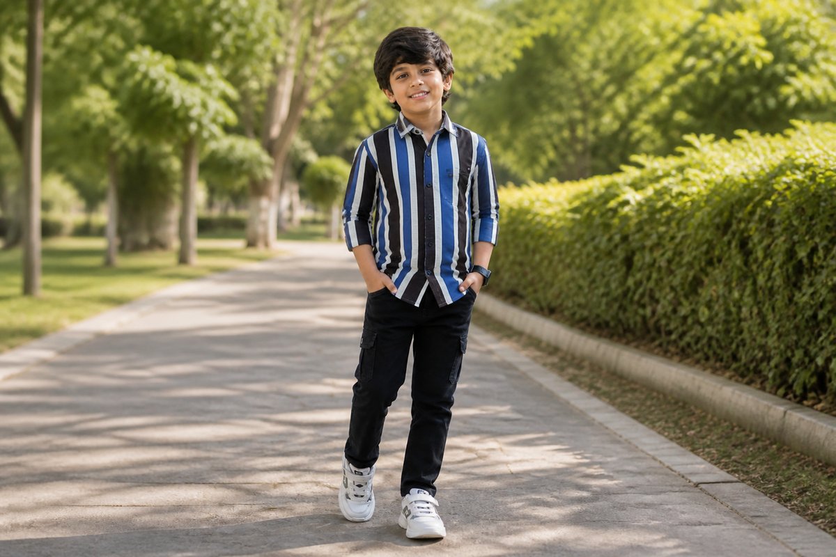 Boys Blue and Black Striped Casual Shirt