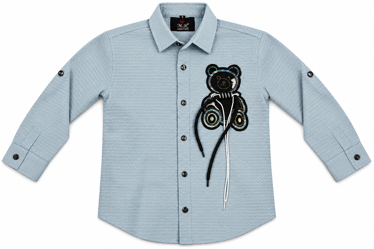 Boys Light Blue Casual Shirt with Teddy Applique