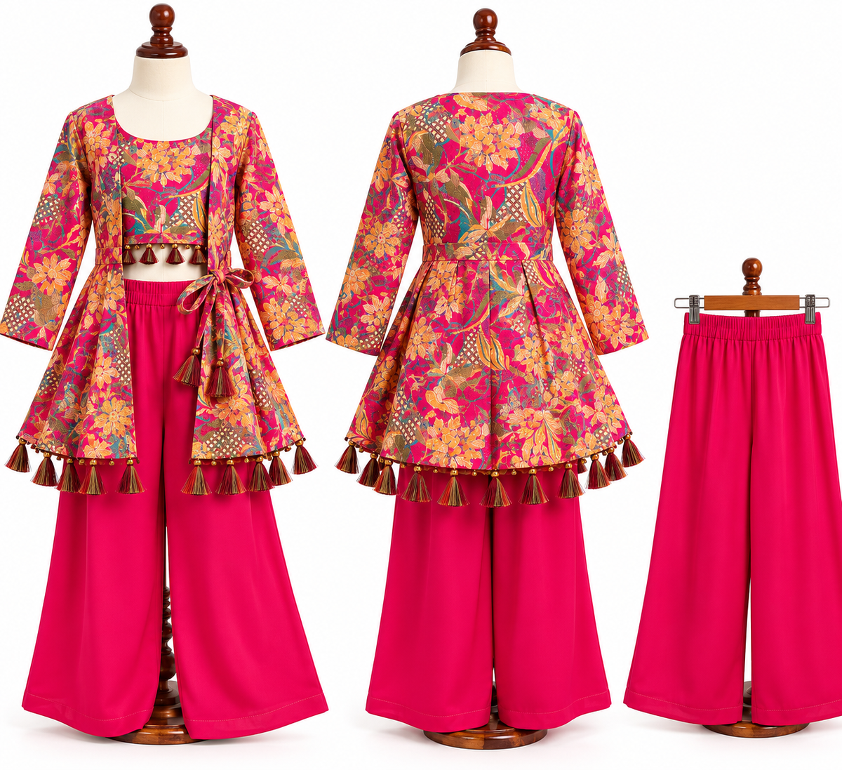 Pink Floral Crop Top with Palazzo and Matching Shrug