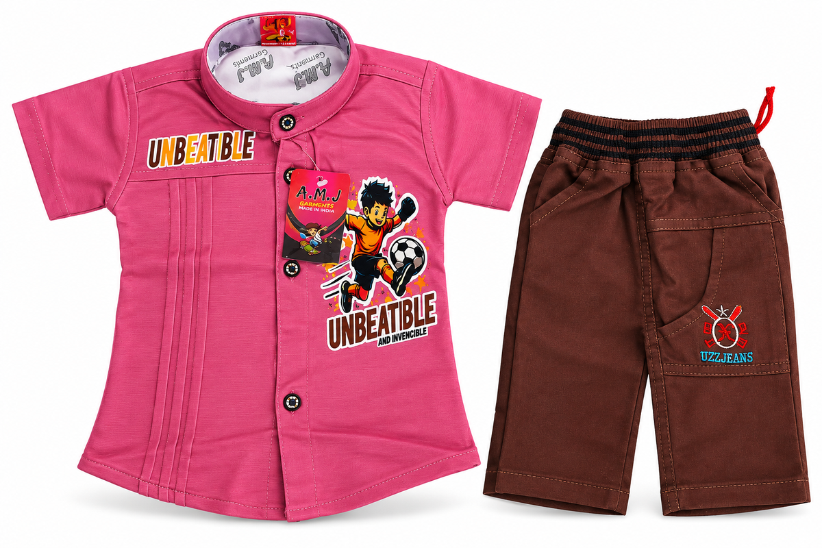 Boys Pink Shirt and Brown Shorts Co-ord Set