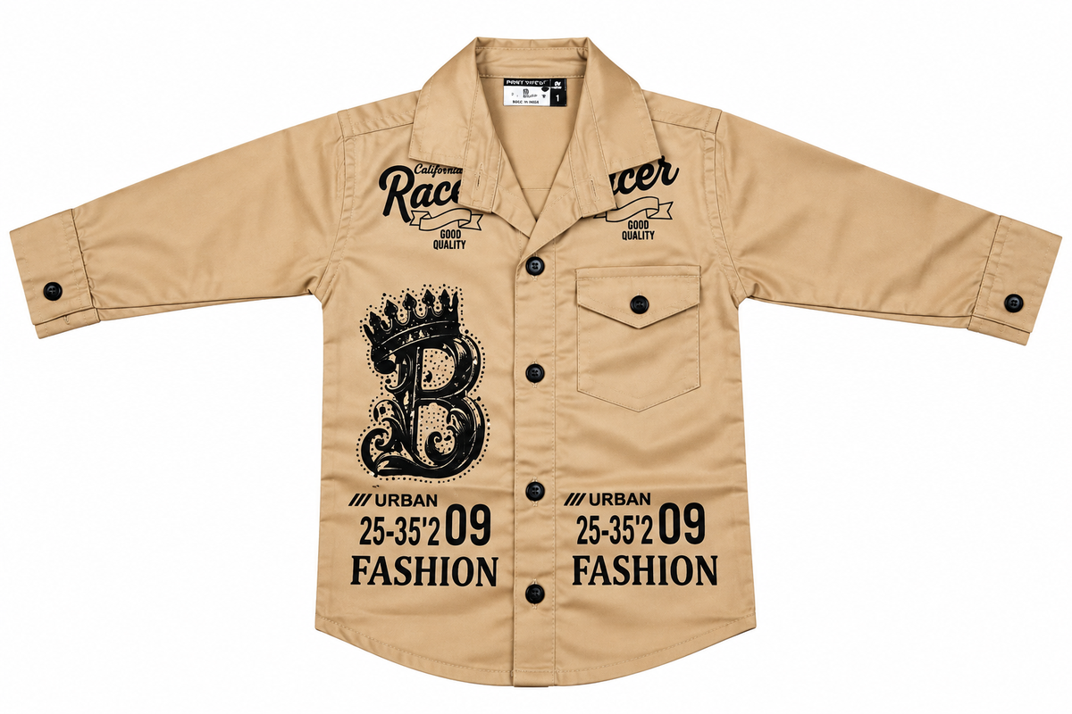 Boys Beige Printed Casual Shirt with Black Jeans — lifestyle