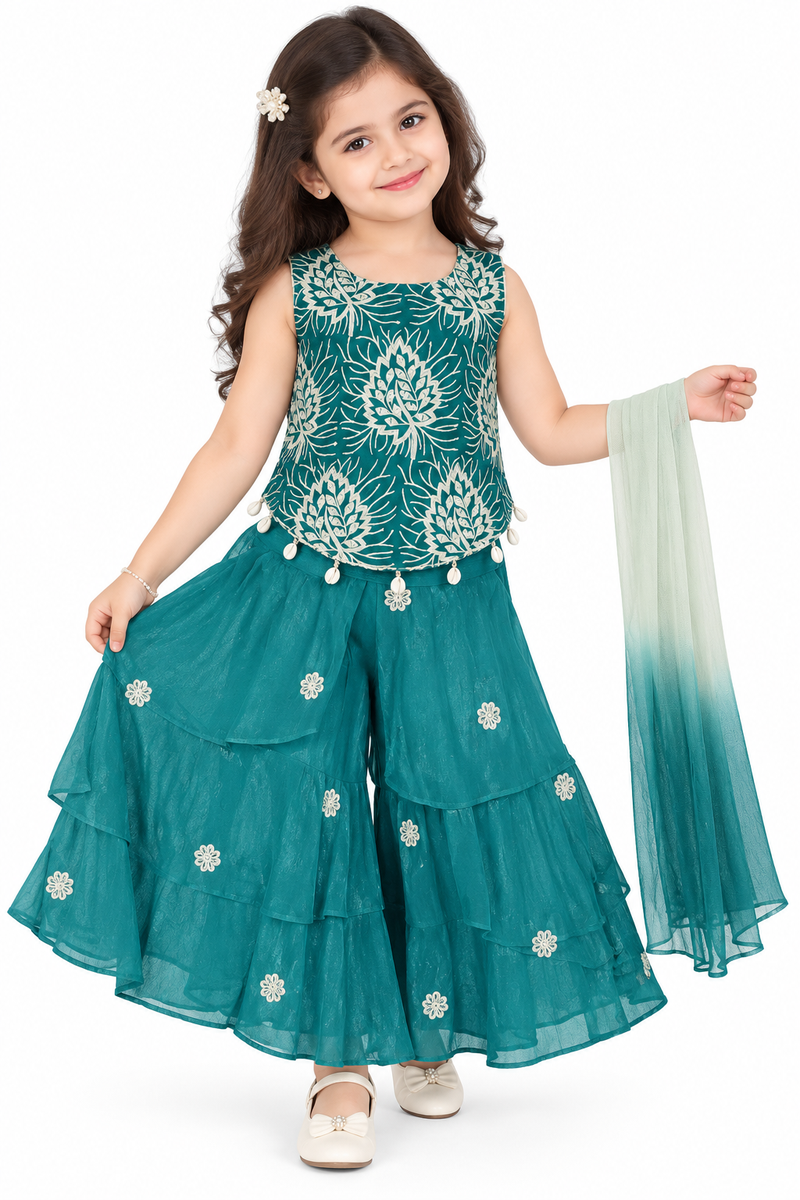 Teal Green Foil Printed Peplum Kurti with Sharara and Dupatta