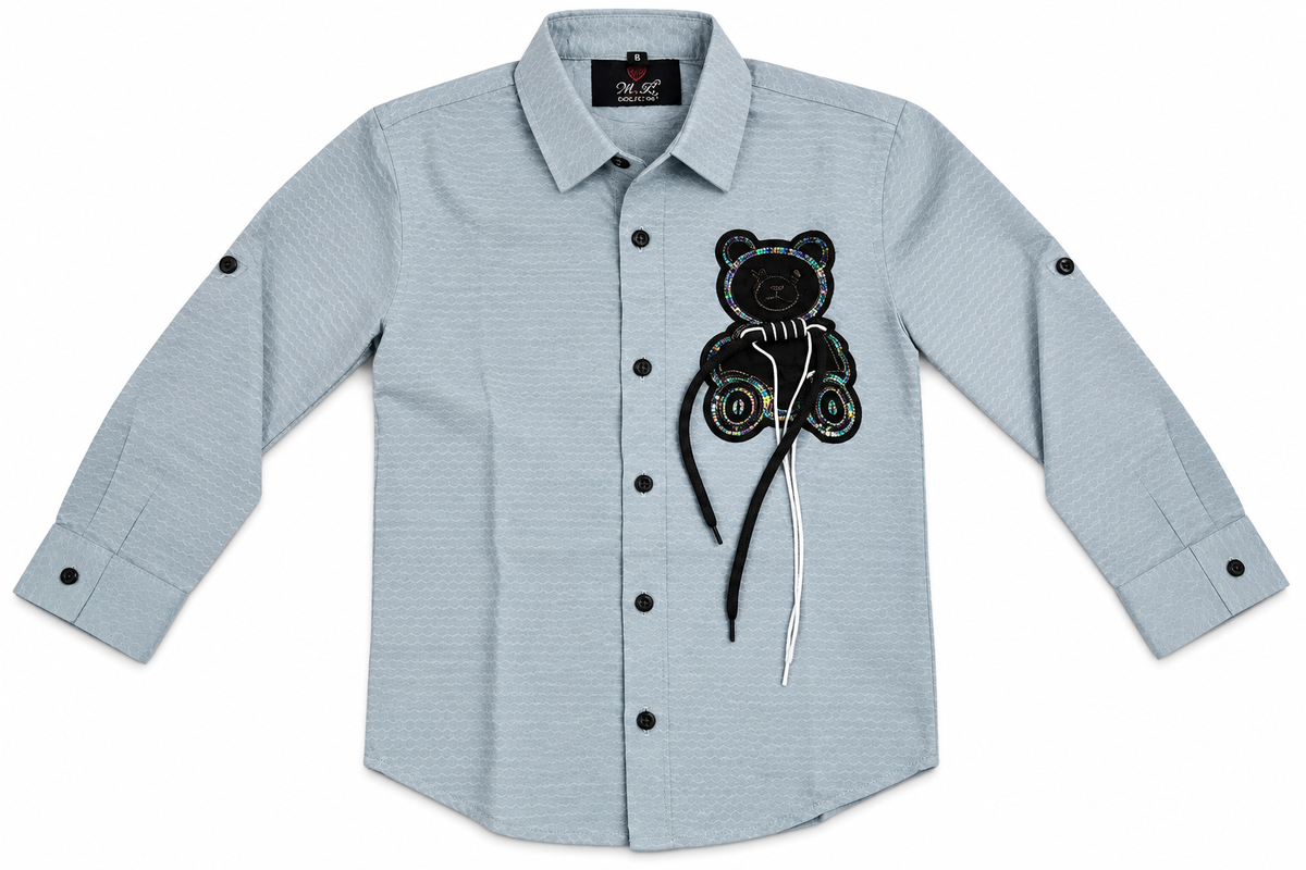 Boys Light Blue Casual Shirt with Teddy Applique — lifestyle