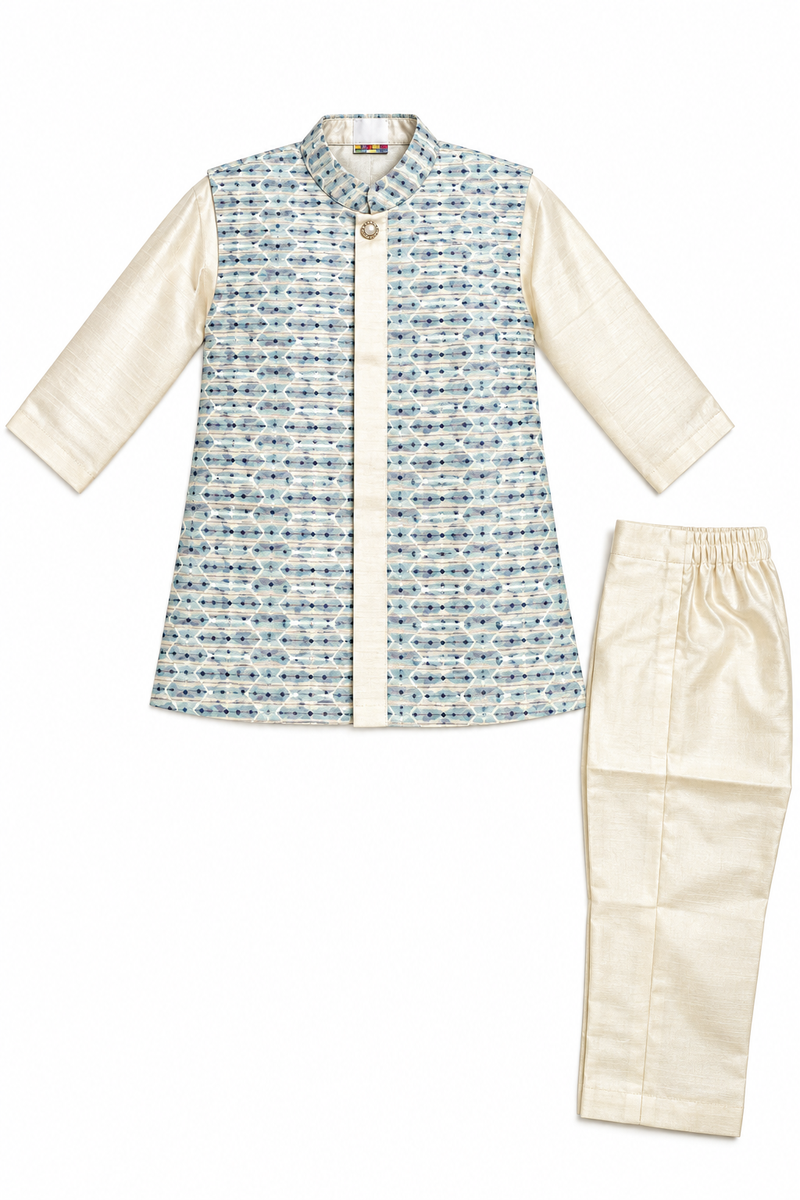 Boys Off-White and Blue Indo-Western Sherwani Set with Nehru Jacket