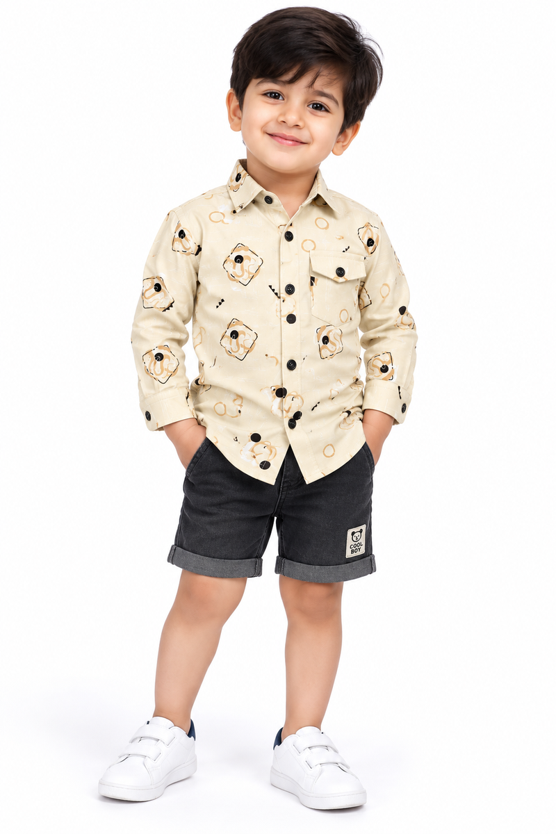 Boys Beige Printed Casual Shirt with Black Shorts Set