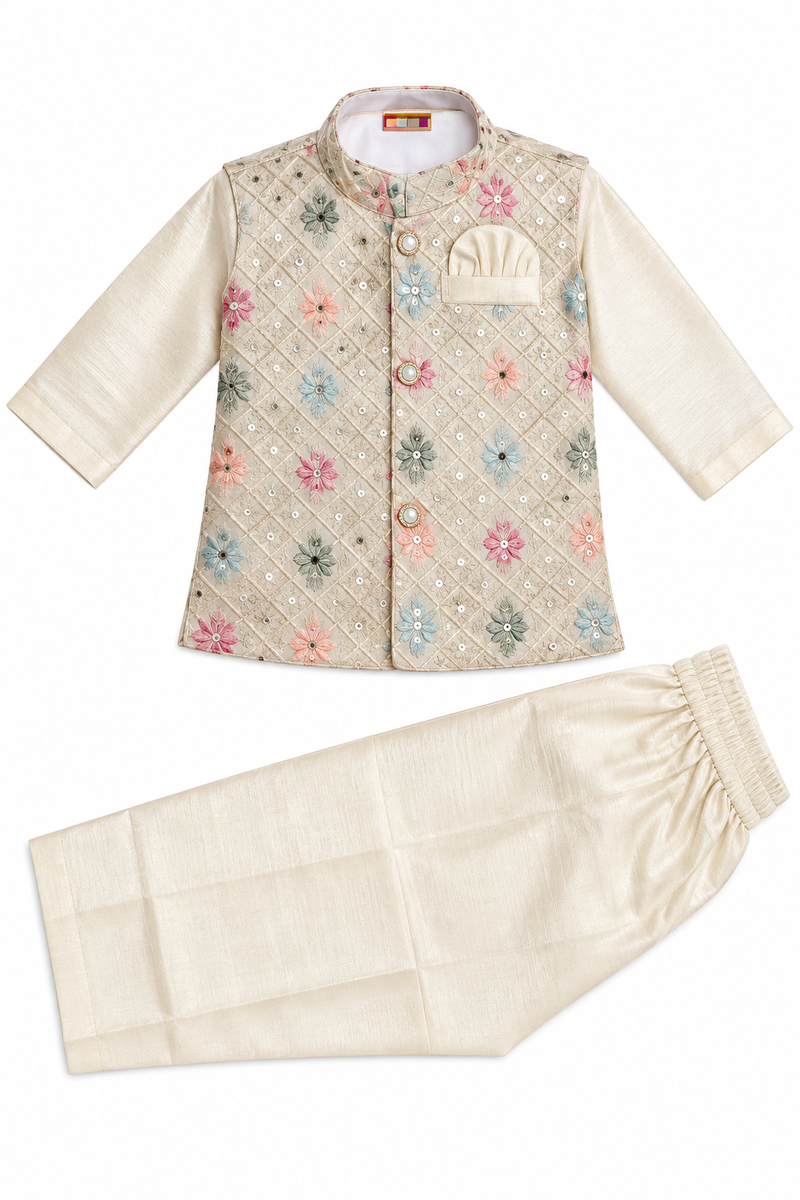 Boys Cream Silk Blend Embroidered Nehru Jacket with Kurta Pajama Set