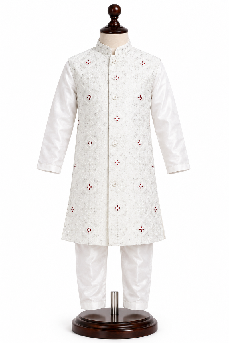 Boys Off-White Kurta with Nehru Jacket Set