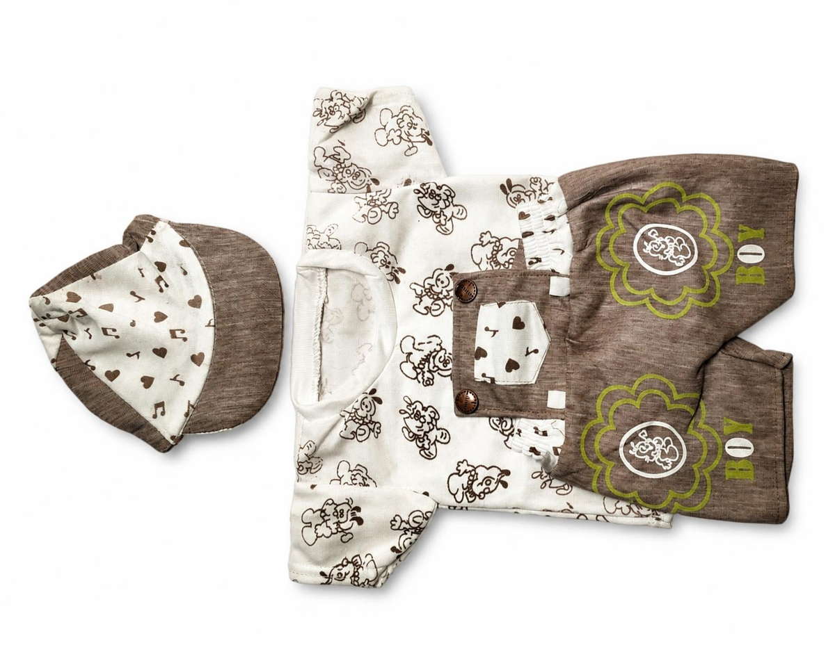 Baby Boys Printed Dungaree Romper with Matching Cap - Brown — lifestyle