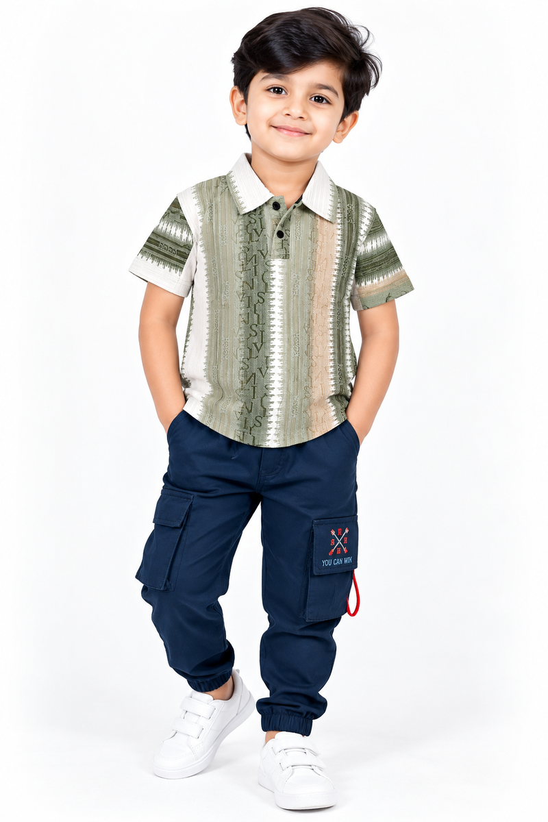 Boys Olive Green Printed Polo T-Shirt