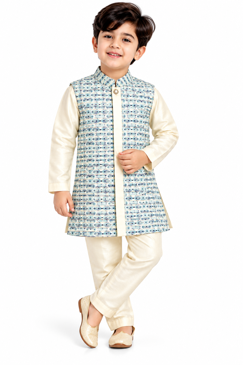 Boys Off-White and Blue Indo-Western Sherwani Set with Nehru Jacket