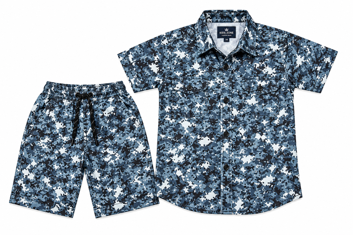 Boys Blue Camouflage Print Shirt and Shorts Set