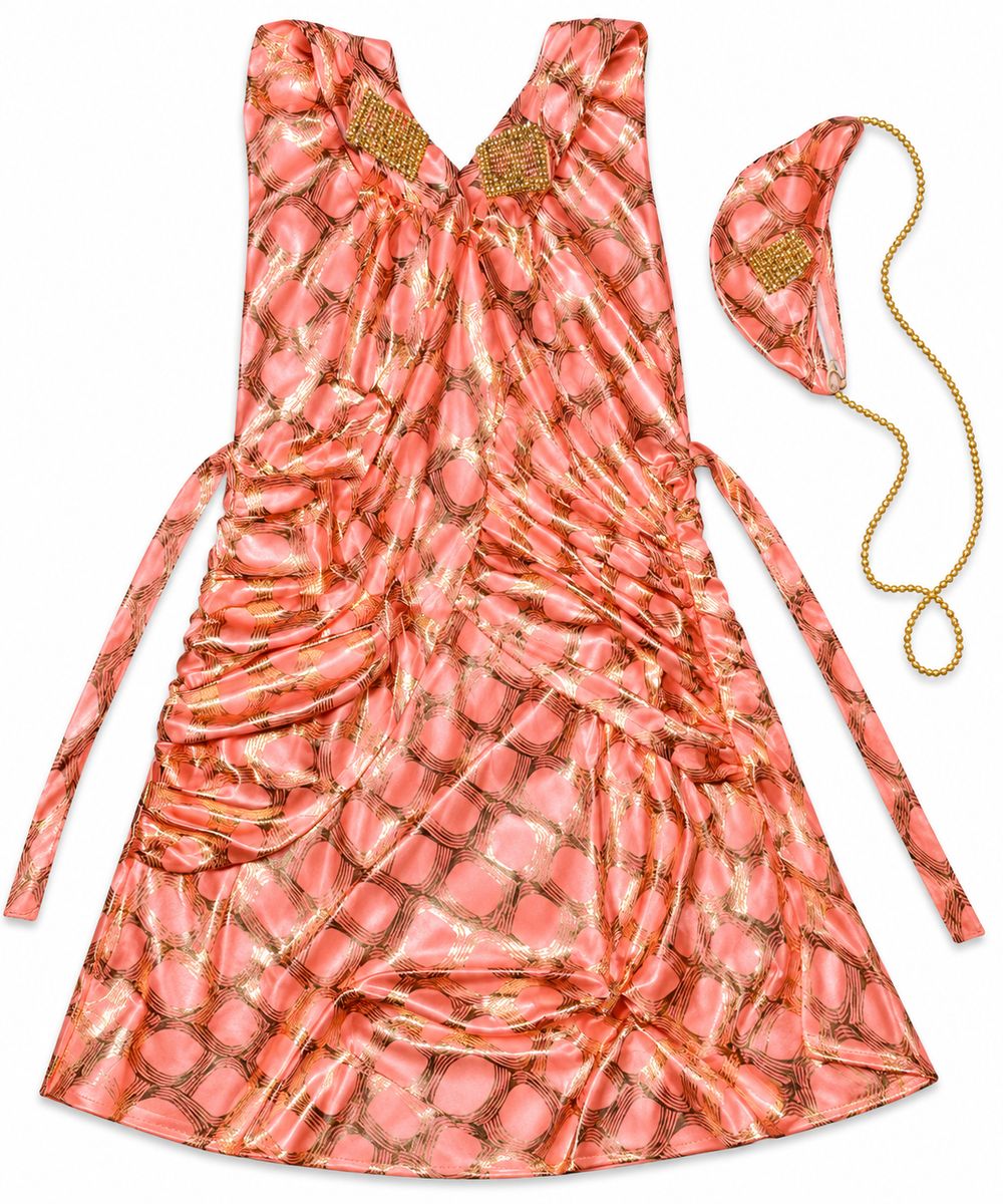 Peach Metallic Printed Party Frock with Matching Headband — lifestyle
