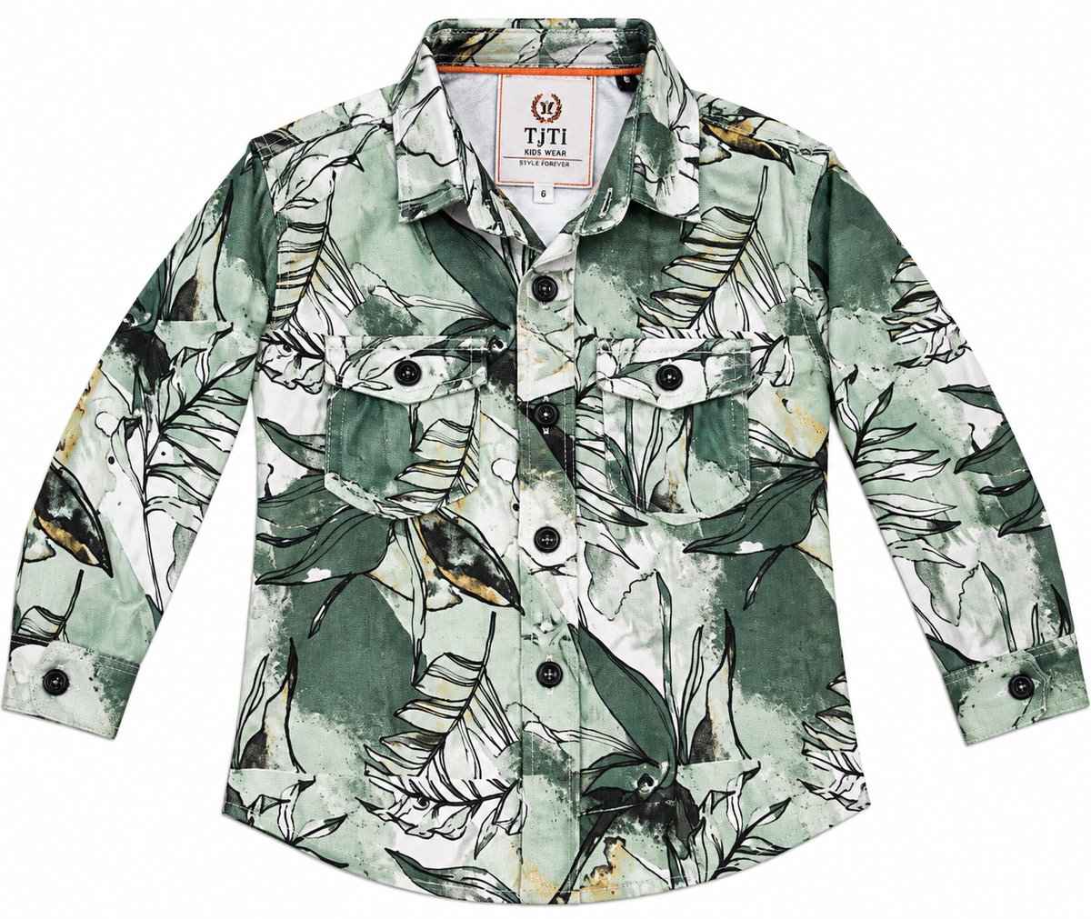 Boys Olive Green Botanical Print Full Sleeve Casual Shirt — lifestyle
