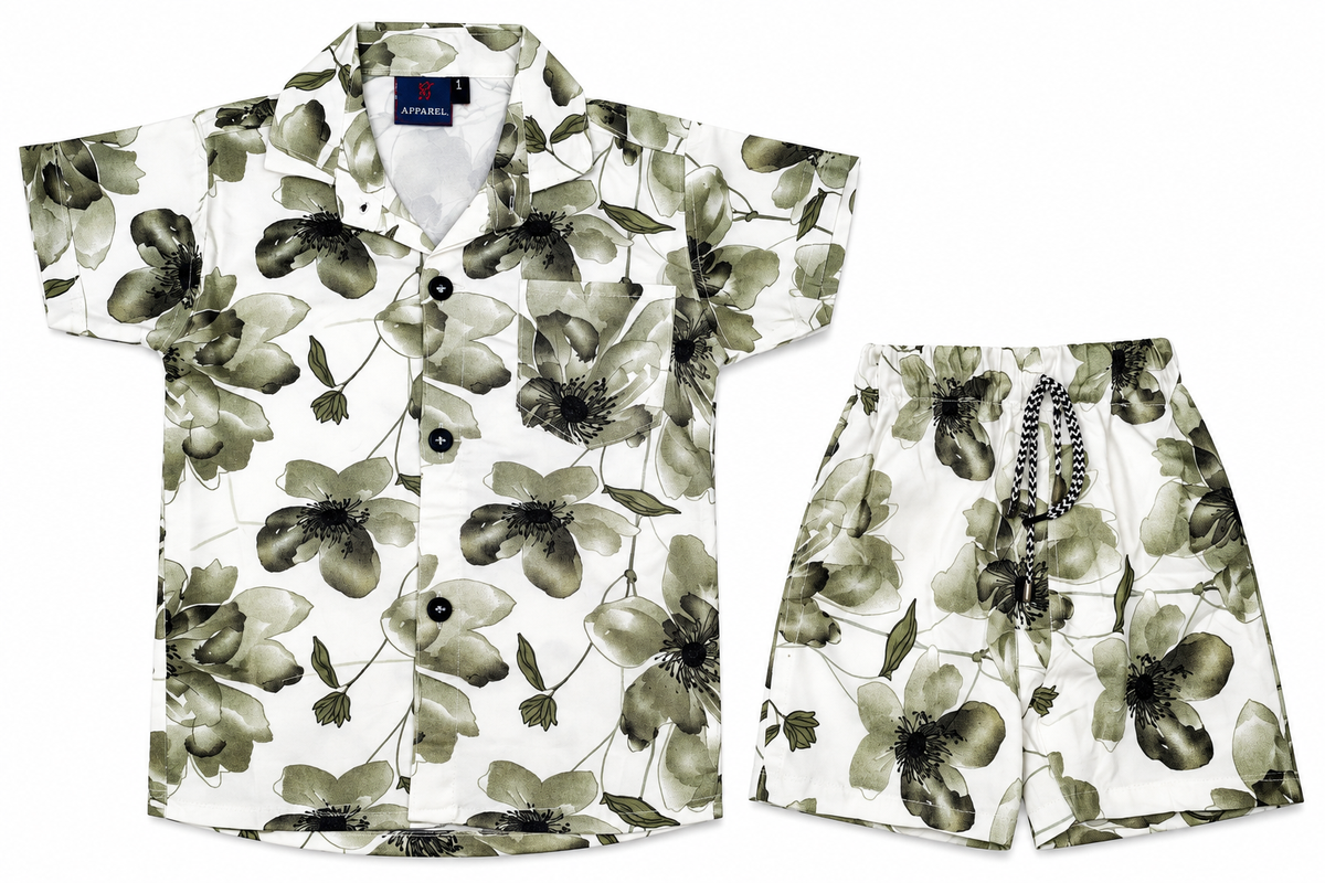 Boys White and Black Floral Print Short Sleeve Shirt and Shorts Co-ord Set