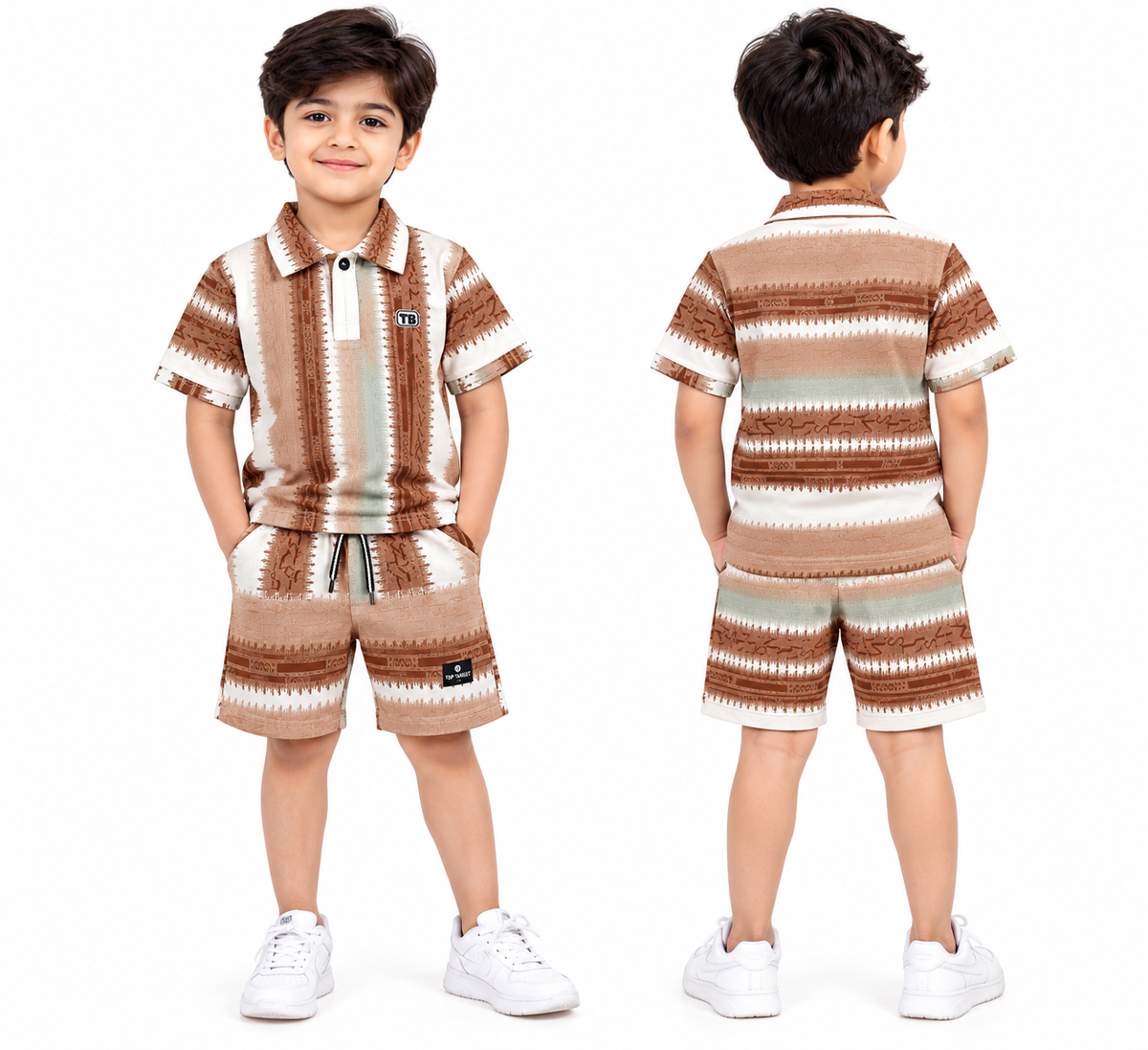 Boys Brown Geometric Print Polo & Shorts Co-ord Set