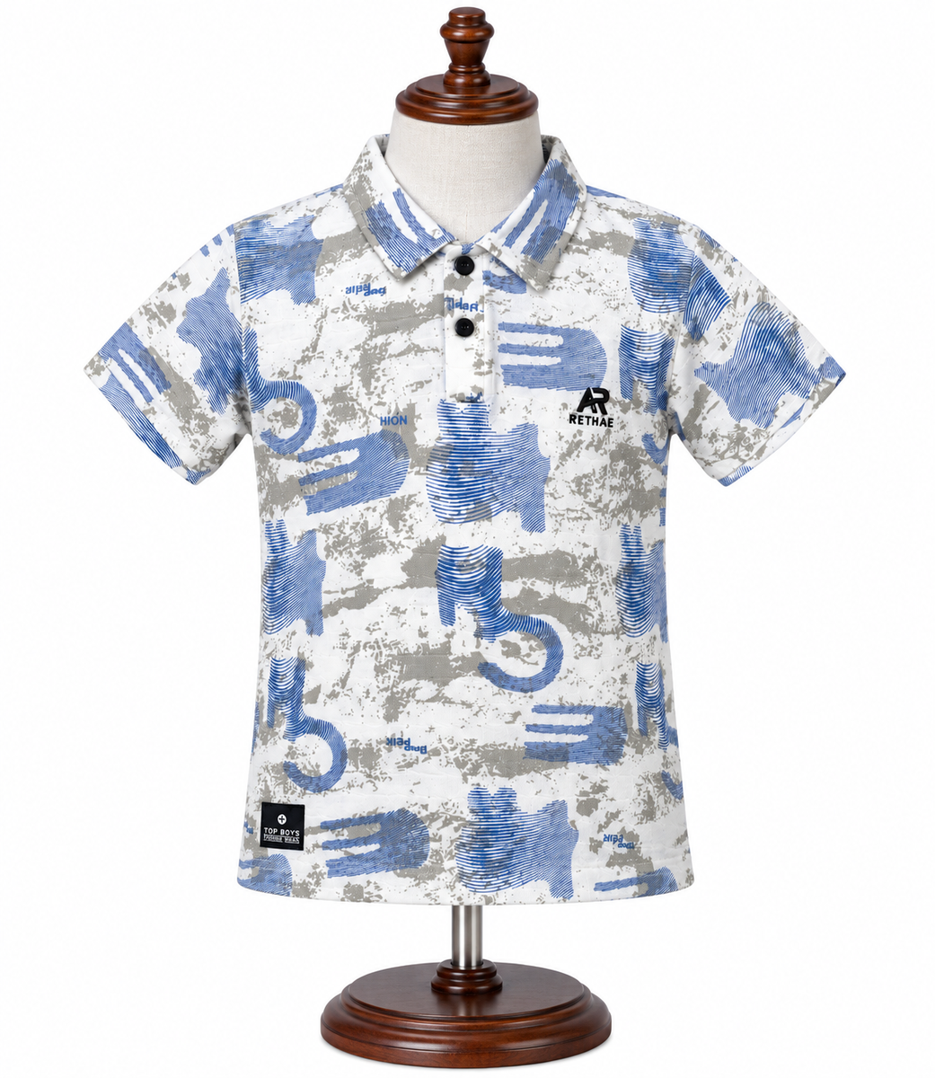 Boys Blue and White Abstract Print Polo T-Shirt