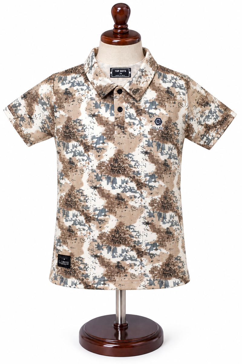 Boys Beige Abstract Camouflage Print Polo T-Shirt — lifestyle