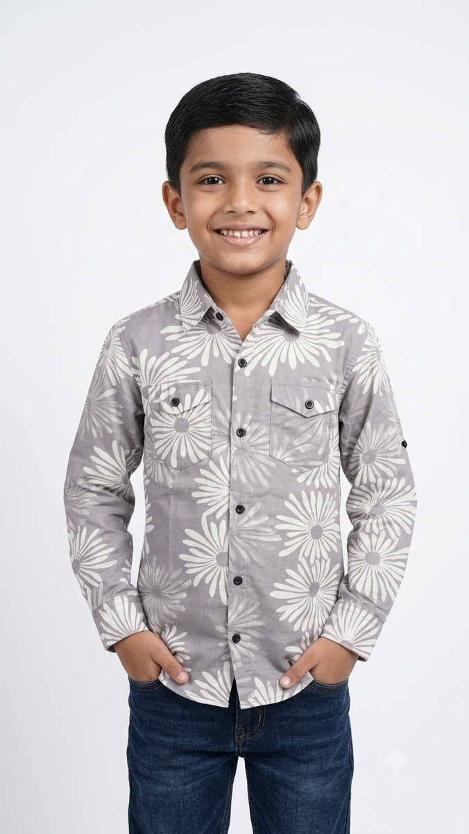 Boys Grey Floral Print Casual Shirt