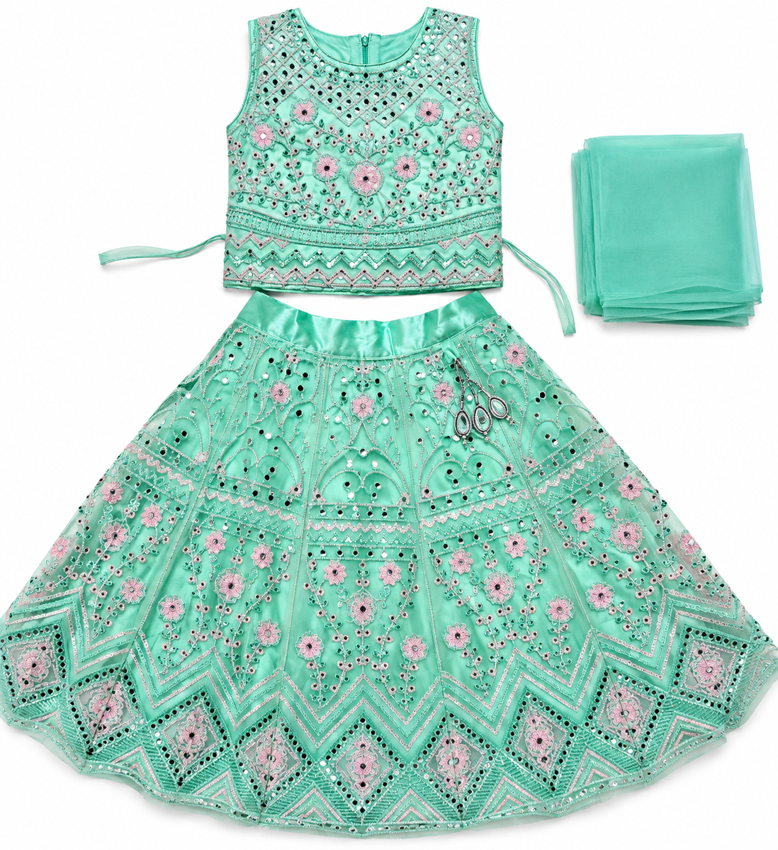 Mint Green Embroidered Mirror Work Lehenga Choli Set with Dupatta