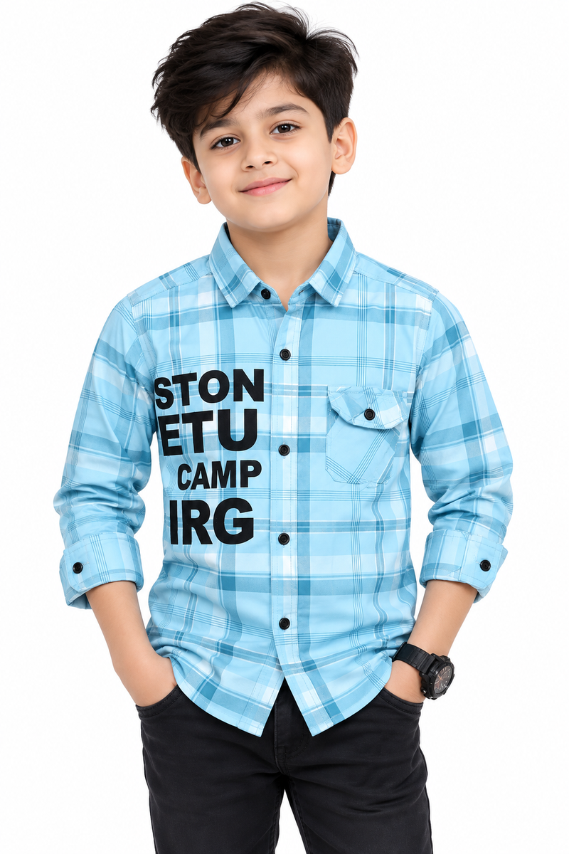 Boys Blue Checked Casual Shirt with Typography Print
