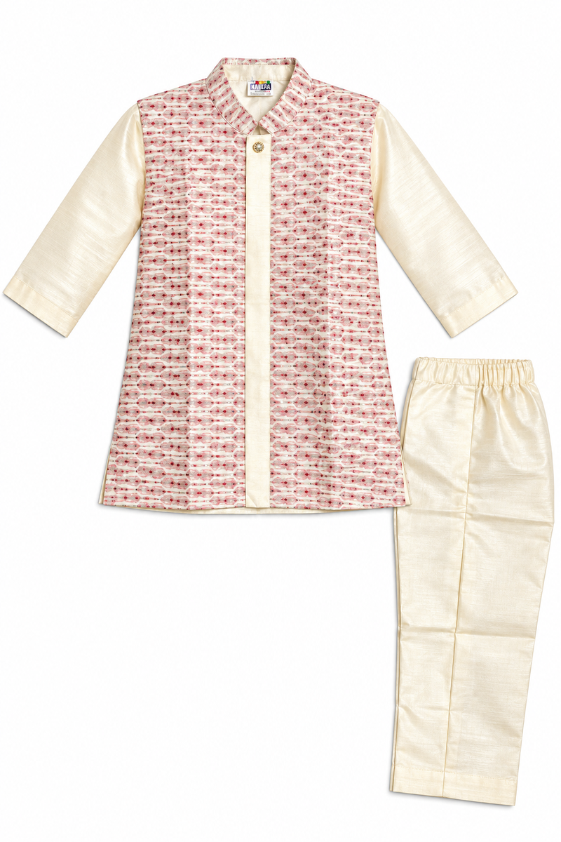 Boys Off-White and Pink Printed Sherwani Set