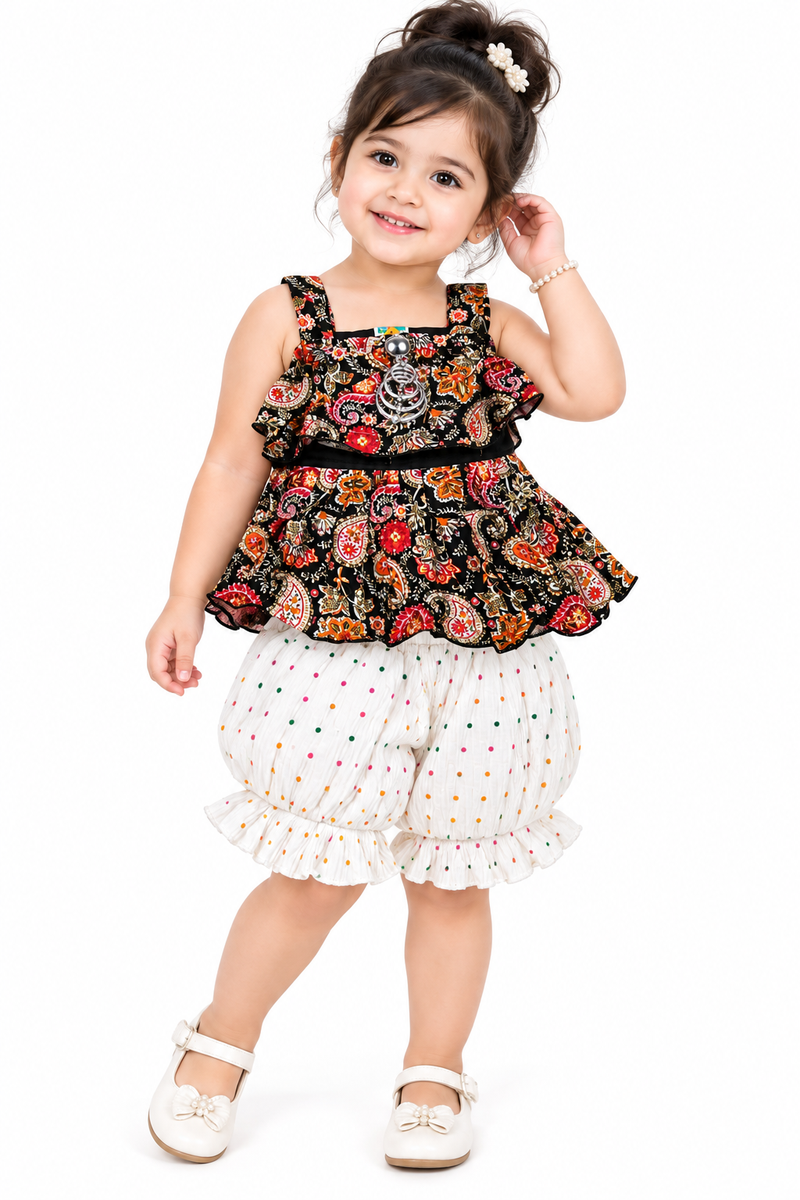 Girls Ethnic Print Peplum Top with Ruffled Bloomers Co-ord Set