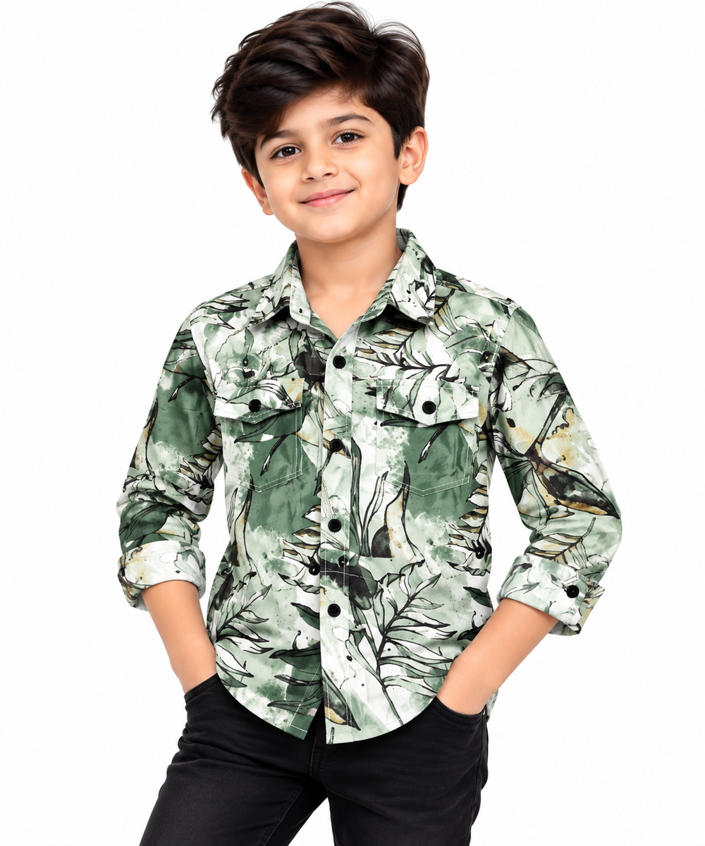 Boys Olive Green Botanical Print Full Sleeve Casual Shirt