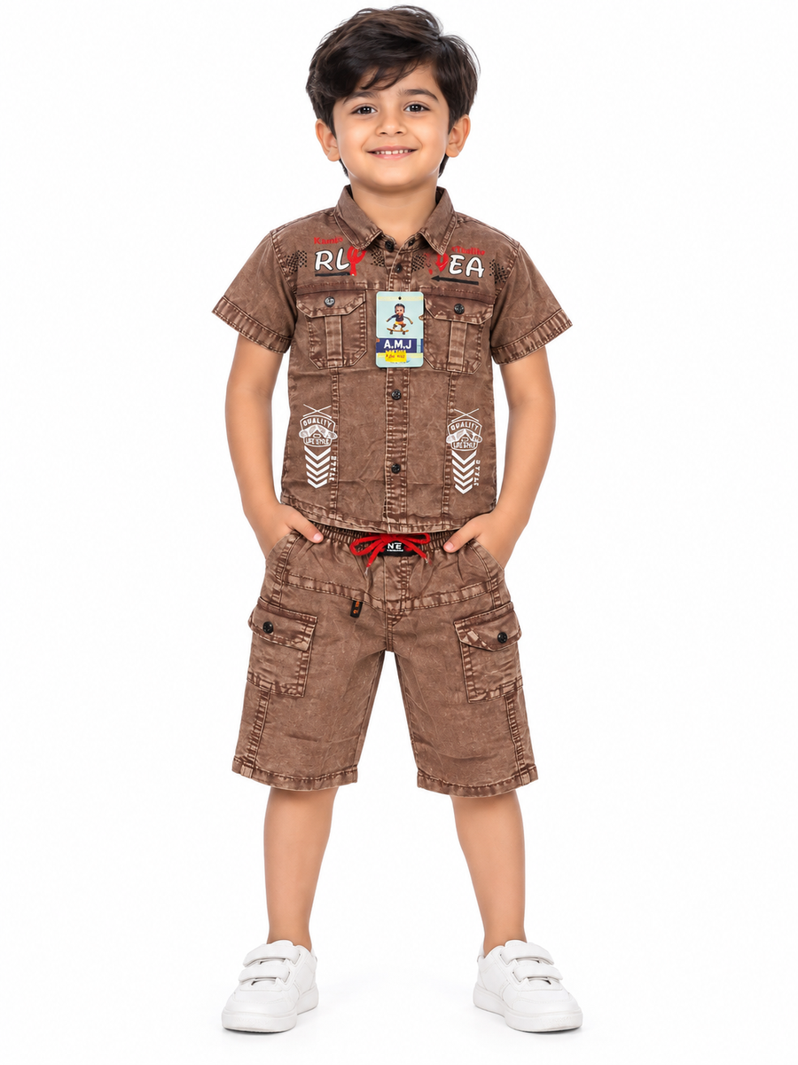 Boys Brown Washed Cargo Shirt and Shorts Set — lifestyle