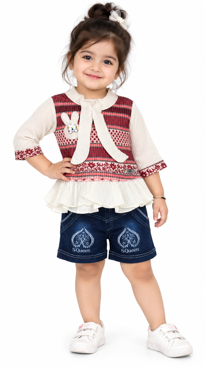 Maroon Printed Top with Denim Shorts Co-ord Set