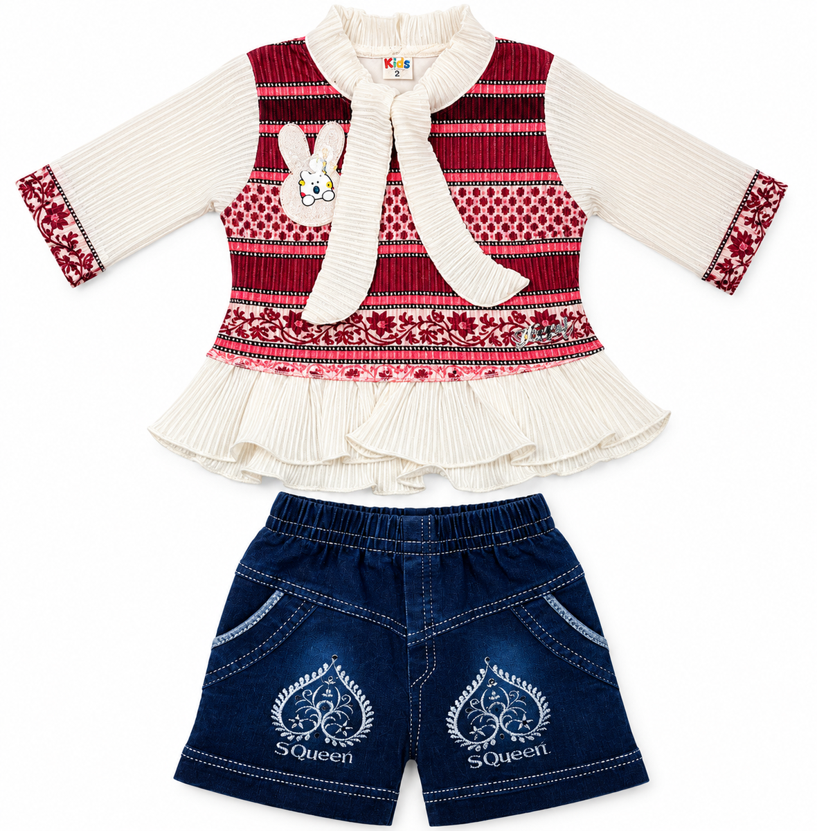 Maroon Printed Top with Denim Shorts Co-ord Set — lifestyle
