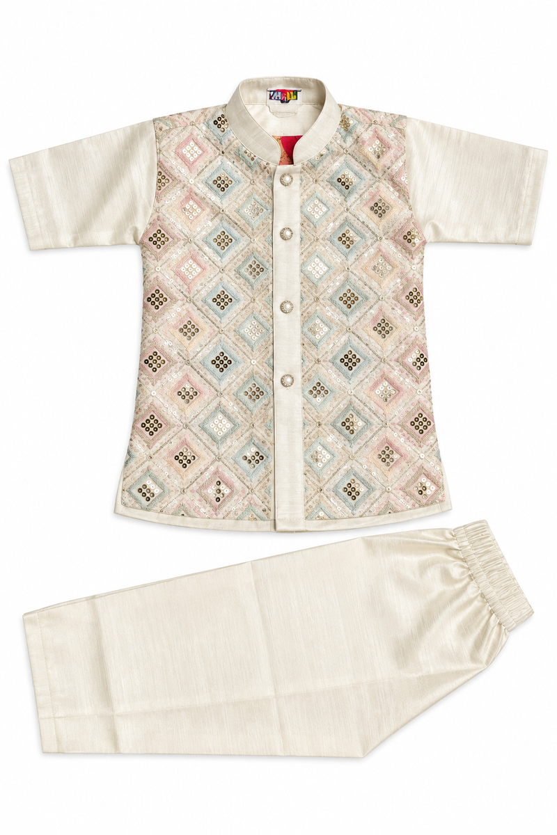 Boys Cream Kurta Pajama with Embroidered Nehru Jacket Set