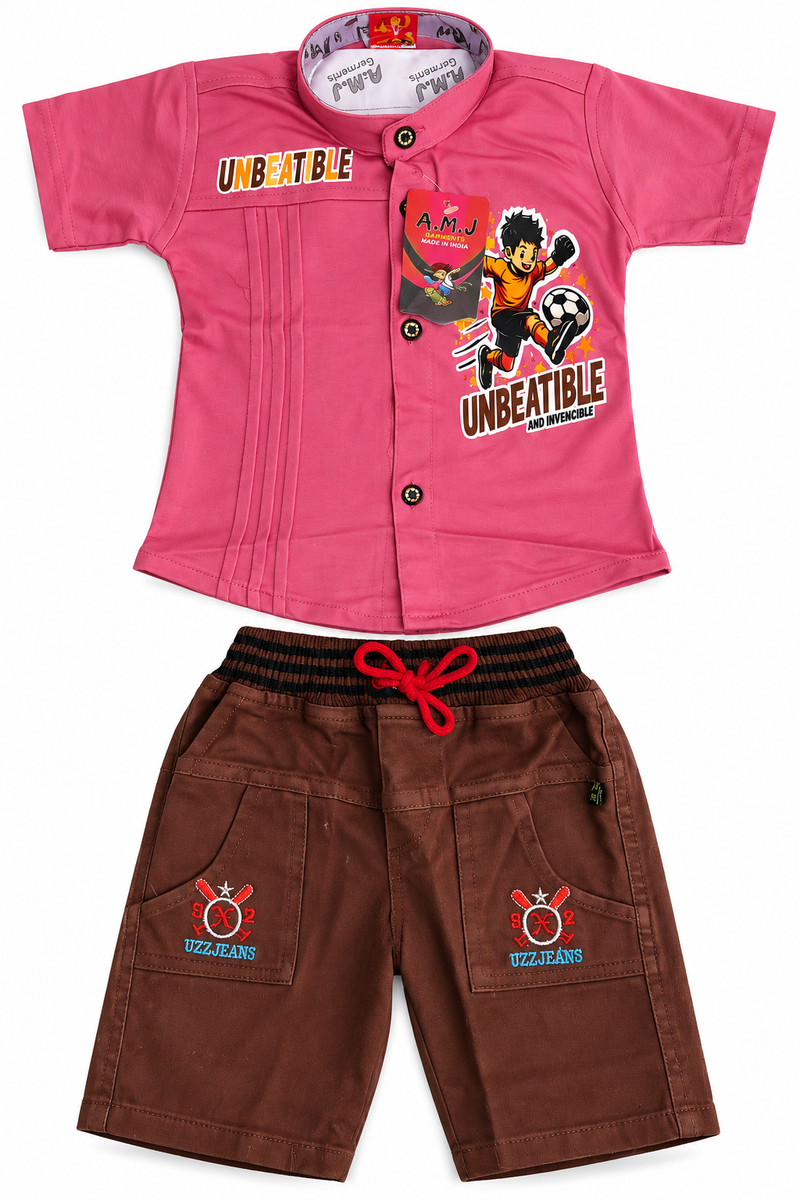 Boys Pink Graphic Shirt and Brown Shorts Set
