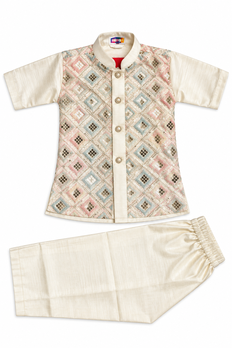 Off-White Silk Kurta with Embroidered Nehru Jacket Set