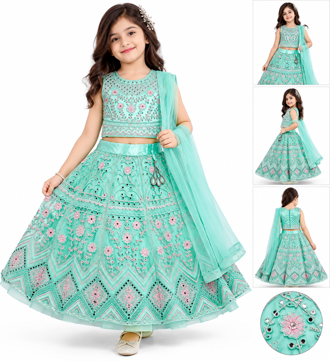 Mint Green Embroidered Mirror Work Lehenga Choli Set with Dupatta