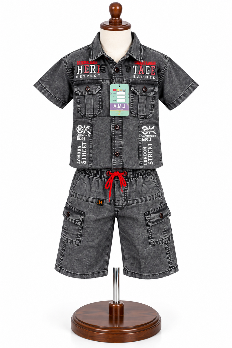 Boys Grey Acid Wash Denim Shirt and Shorts Set