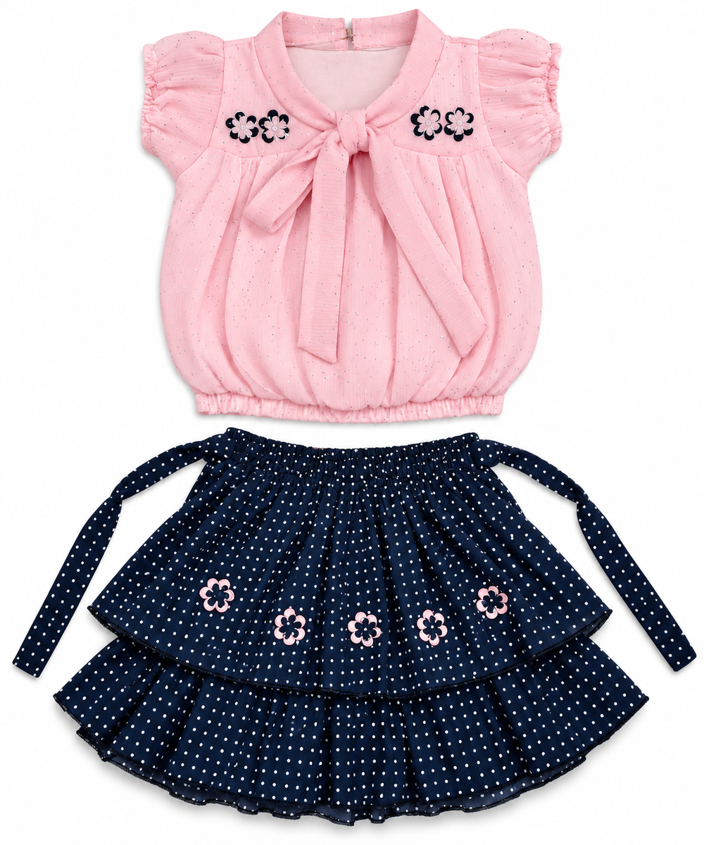 Pink & Navy Blue Polka Dot Skirt & Top Set — lifestyle