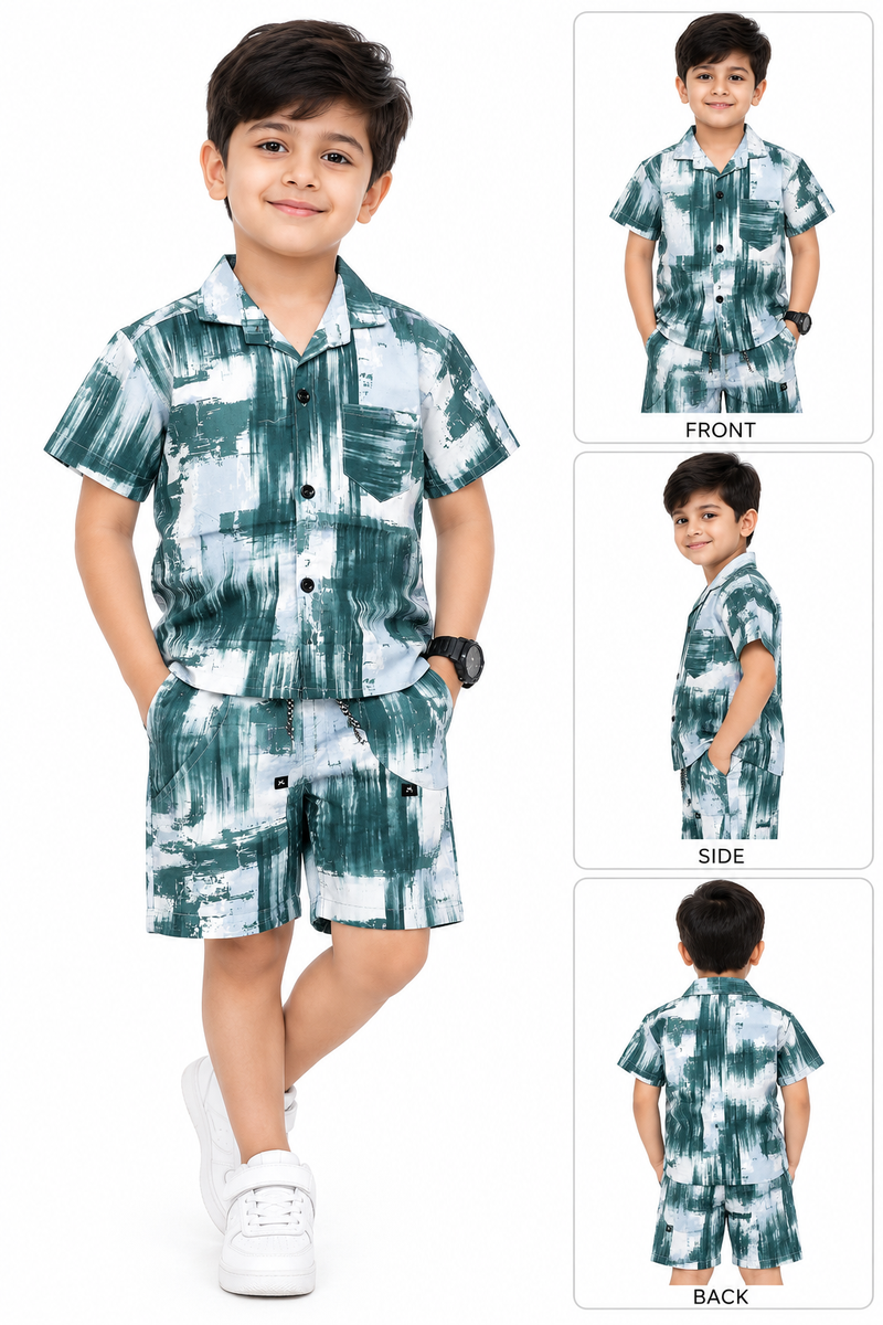Boys Green Printed Shirt and Shorts Set