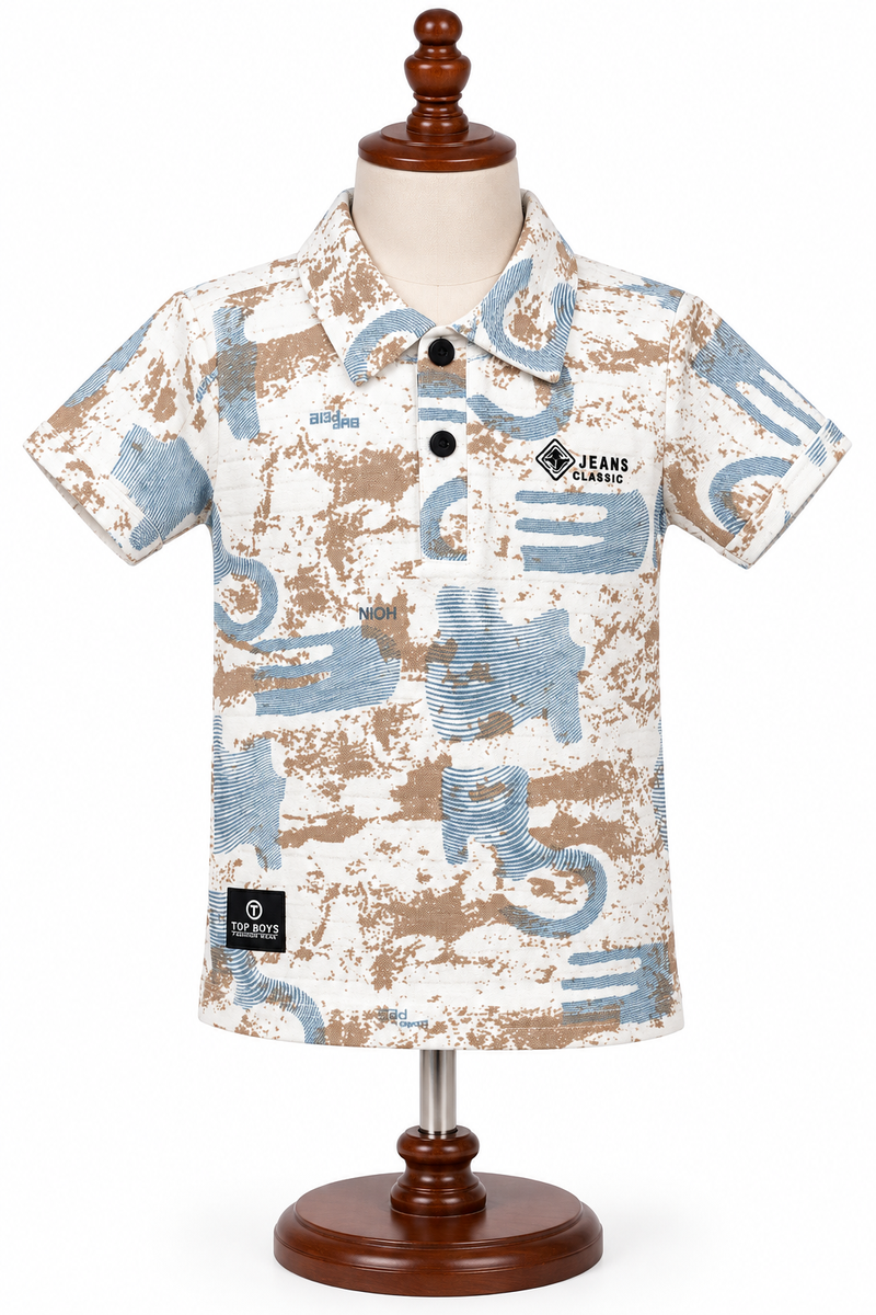 Boys Beige & Blue Abstract Print Polo T-Shirt — lifestyle